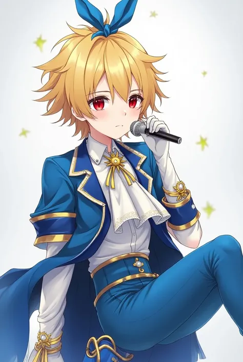 A quiet anime young man in high school with sharp red eyes represents a mixture of yellow and white hair tied to the top with a blue ribbon, Fair skin and wearing all the fantasy blue, yellow and white clothes are the luxury of Idol, which consists of a lo...