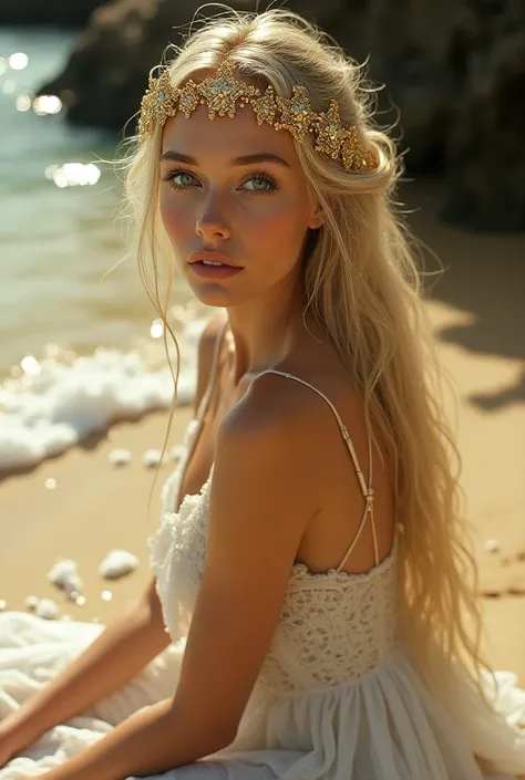 A blonde white woman with a beautiful intricate headdress made of stars, with pale transparent skin, sitting by the golden water on a sandy shore, looks directly into the frame, close-up, wet shimmering details of a white dress, beautiful deep eyes, foam o...