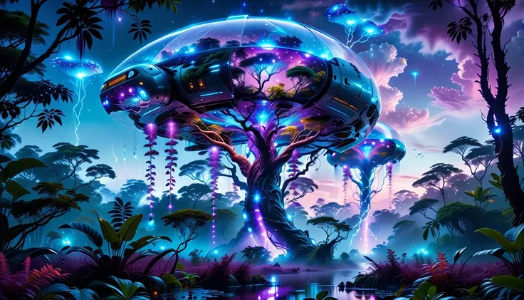 A Masterpiece In 32K Resolution, Supreme Quality, Super Detail, Official Art, Very High-Resolution 32K Wallpaper, Beautiful And Aesthetic, Ultra-Detailed Features, Awe-Inspiring Detail. Towering Bioluminescent Trees Stretch Into A Purple Sky, Their Branche...