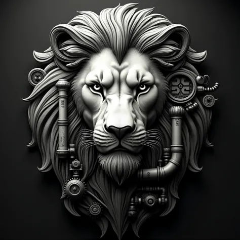 (((high quality))), (mechanical background), ((((steampunk style))), steampunk lion head, ((picture style)), black and white
