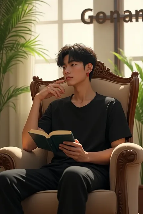 A 21-year-old man in a black t-shirt is sitting on the kings chair, with a pair of red earrings on his head, and "CONAN" is displayed in 3D on a cross on the white wall behind him. This  is holding a Bible in his hand. The  should be seen from the 4D corne...