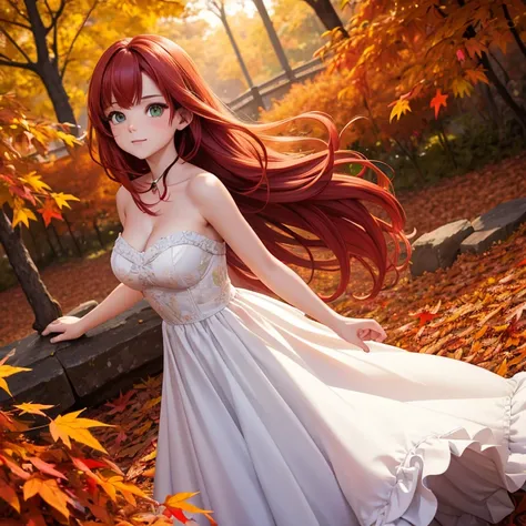 (Bright color, Vivid color:1.2), (portrait, dynamic angle).

silhouette of a beautiful woman with long red hair, in the middle of a whirlwind of red leaves. Leaves, leaves, leaves everywhere. (((Autumnal colors))), sunset. Vibrant colors.

beautiful detail...