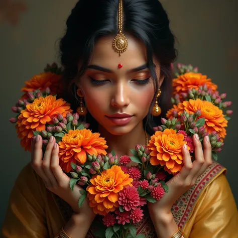 An Indian Lady holding ((Detailed garland ((marigold garland)) with different color flowers)) with hand, showing ((marigold garland)), detailed focus, detailed hands, ((detailed 5 finger each hand)), ((red and golden bangle on hands)), prefect hands with f...