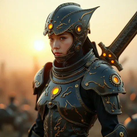 A cinematic of a cyborg Korean girl with a pale skin tone. a battle-hardened stands victorious atop a pile of vanquished demon s. Clad in cyborg hood with intricate. iconic black plate armour, adorned with intricate golden light. Her weapon is a large swor...