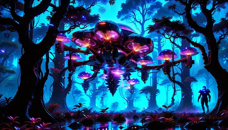 A Masterpiece In 32K Resolution, Supreme Quality, Super Detail, Official Art, Very High-Resolution 32K Wallpaper, Beautiful And Aesthetic, Ultra-Detailed Features, Awe-Inspiring Detail. Towering Bioluminescent Trees Stretch Into A Purple Sky, Their Branche...