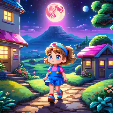 ((masterpiece)), ((best quality)), 8k, high detailed, ultra-detailed, 2D pixel art, chibi girl walking, dreamy, retro 8-bit style, SNES game, Mario-like side-scrolling shot, visible ground cross-section, cute, glowing moon overhead, fancy night sky, dreamy...