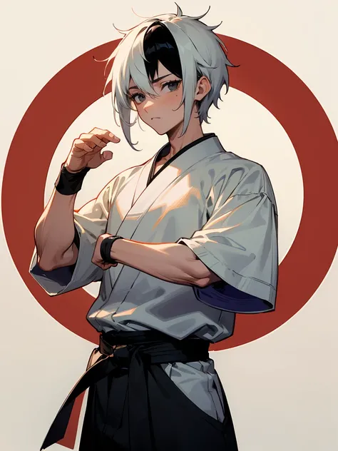 1male , Young Male , Black and White Hair , Two-Tone Hair , Oumbre Hair , Somber Expression , Black Eyes , Messy Short Hair , Baggy White T-Shirts ,  Black Karate Belt , Baggy Judo Pants , Standing Inside of a Dojo , Detailed Background, Perfect Generation