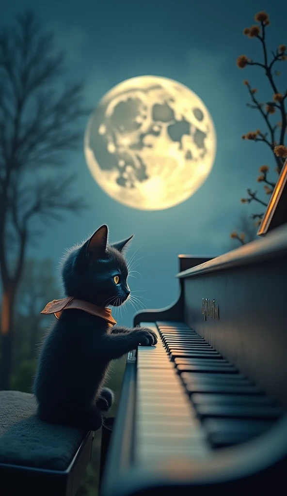 In front of a fantastic big full moon, a two-legged black cat Munchkin kitten is playing the piano in a Halloween costume