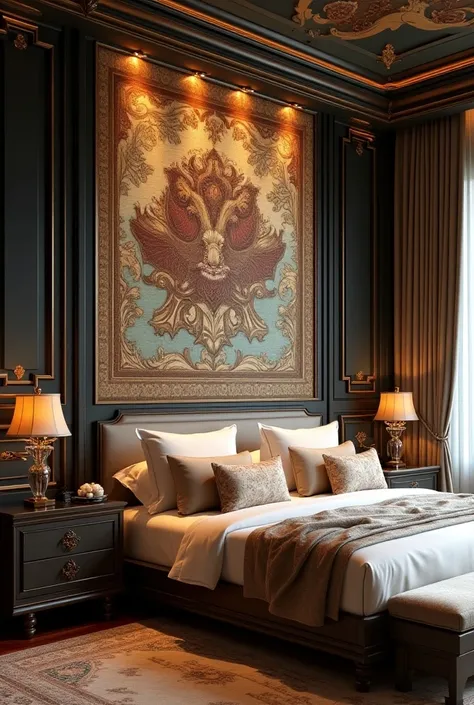 The picture on the front background wall of the luxuriously decorated bedroom should not show the bed frame
