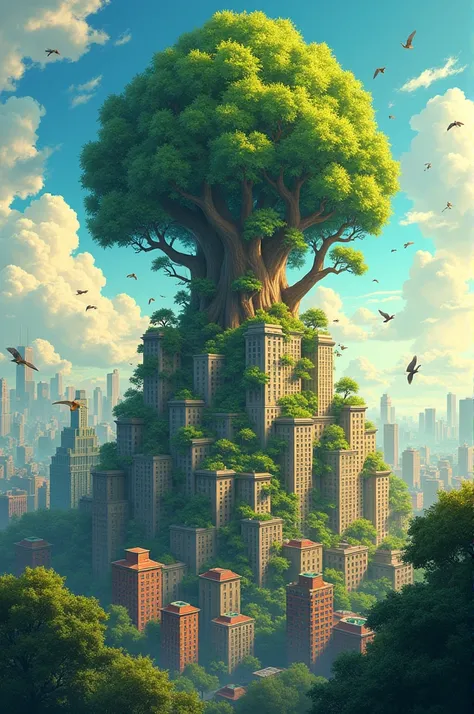 A blend of nature and city life. Illustrate a city skyline where the buildings gradually transform into giant trees and vines. Incorporate small animals like birds and squirrels peeking out from windows or perched on branches.