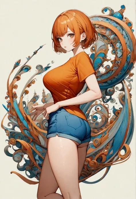 a drawing of a woman with short orange hair and brown eyes, 1girl, solo, shorts, breasts, blue shorts, orange hair, shirt, orange shirt, short shorts, looking at viewer, short hair, short sleeves, simple background, thighs, cowboy shot, large breasts, blac...