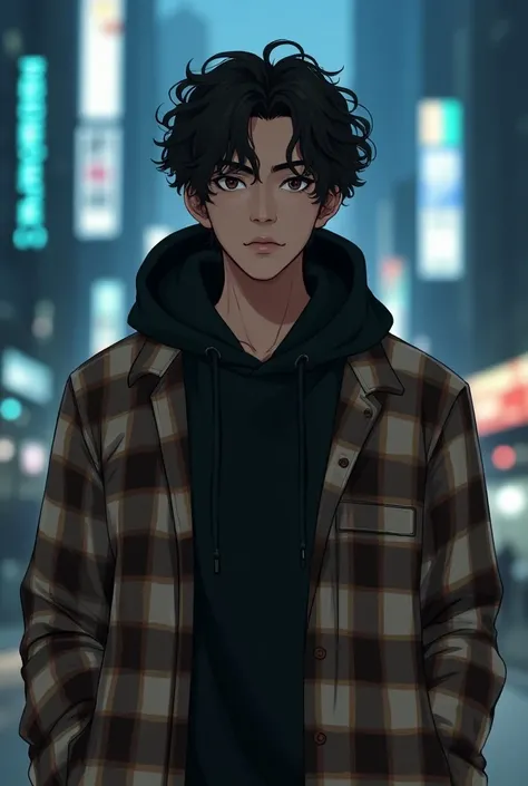 Generate manhwa photo of 27-year-old male with curly and dark brown medium hair, small brown eyes and small mouth with thick lips, the boy is dressed in a black Hoodie and a plaid shirt, the squares of the shirt are Camel, White , Brown and Beige,  The squ...