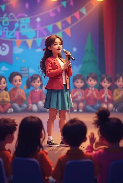 A vibrant school stage with a girl in her late teens singing confidently into a microphone, her smile radiant under the spotlight. The background shows colorful banners and decorations for the cultural event. In the audience, a boy is sitting at the front ...