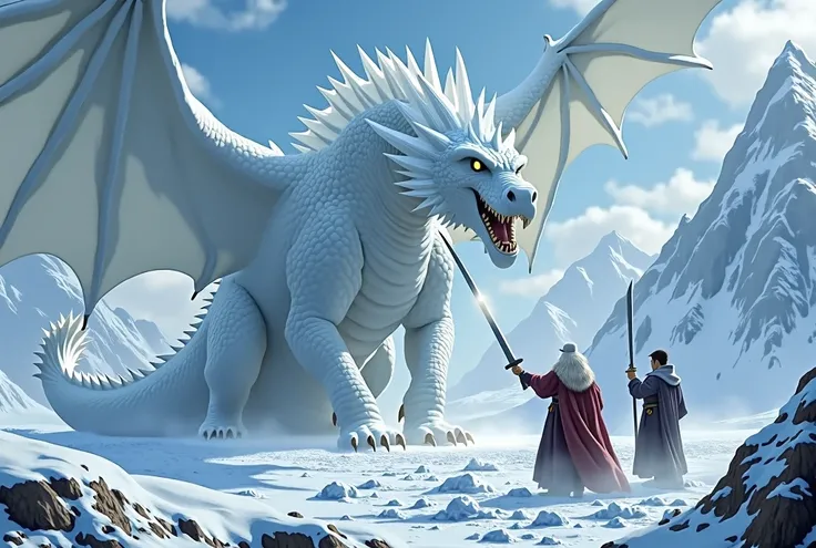 A huge ice-white dragon confronting a wizard with a sword and a man with a sword