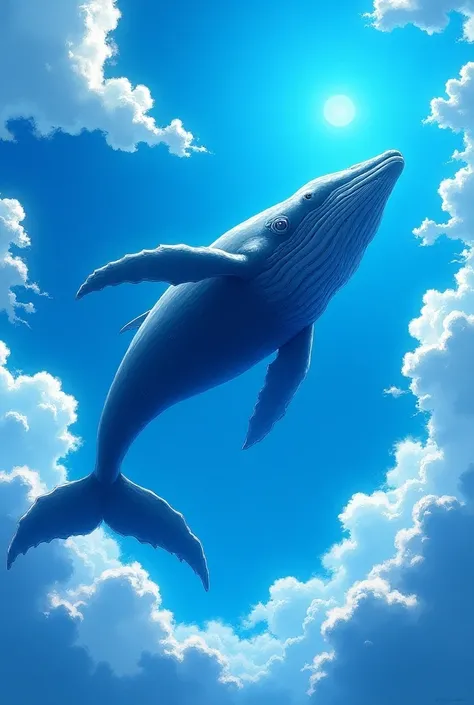 "A majestic whale swimming through a vibrant blue sky, captured with bold, sharp lines and a striking, detailed style reminiscent of Makoto Shinkais art. The whale glides effortlessly among brilliantly lit clouds, with the sun casting intense rays that ill...