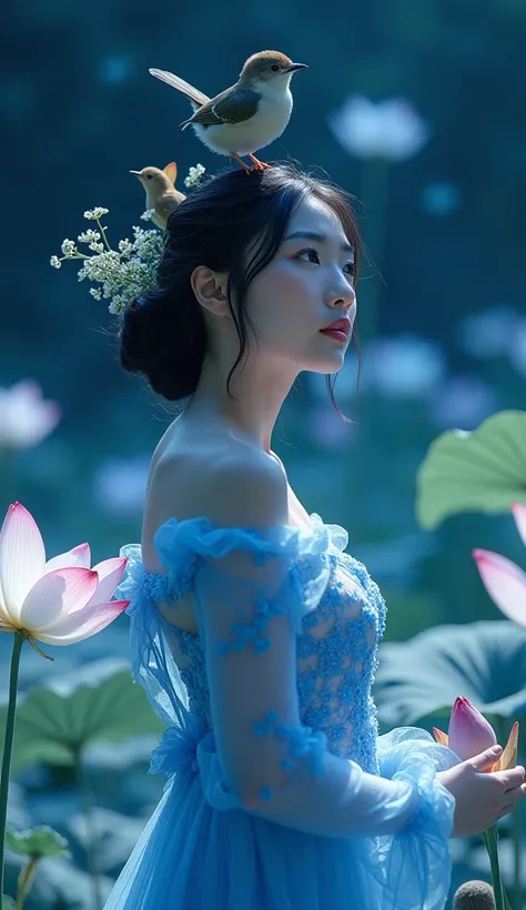 A low-angle photograph captures a stunningly beautiful and sexy young woman standing 

The image portrays a serene scene featuring a so beautiful sexy Thai-Chaines woman in a flowing blue gown adorned with intricate floral patterns. 

Her black hair is sty...