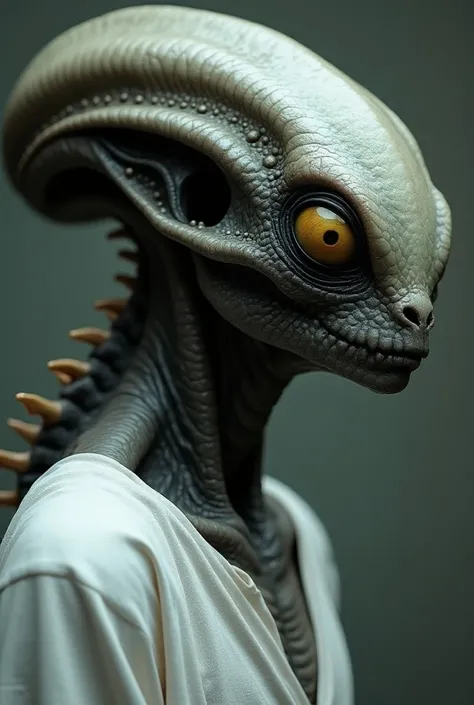 Close up side photography of humanoid reptilian alien, detail dark wet scaly skin, Wide large yellow eye, round shape head skull, spines bones, white clothes