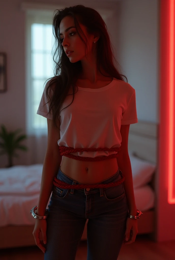 30 year old European woman wearing a t-shirt in jeans  , hands in handcuffs, shibari, rope bondage,shibari, shibari, rope bondage, red threads, strangled with a rope, obedient, restrained, in the bedroom, day, neon light, (perfect proportions)