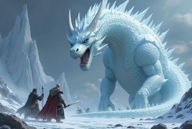 A huge ice-white dragon confronting a wizard with a sword and a strong man with a sword