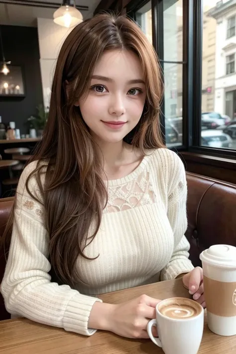 woman with long reddish-brown hair smiles warmly while sitting in a cozy, modern café. She is dressed in a delicate white lace top, exuding a relaxed yet stylish vibe. The café background features soft lighting, a coffee machine, and cups arranged neatly, ...