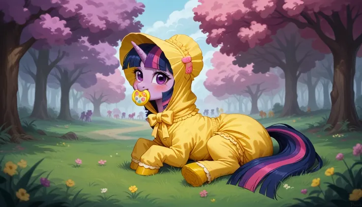 purple pony unicorn alone, purple wool , Twilight Sparkle, adult mare, dark blue with a purple strand and a pink strand of mane, gathered in a yellow bonnet, dark blue with purple streak and pink streak tail,  purple eyes , sitting outside on the grass, dr...