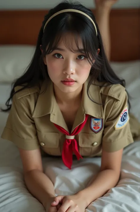 a 20 year old Indonesian girl, fat body, wearing a scout uniform, very short mini skirt, wearing a headband, lying on the bed. full body photo