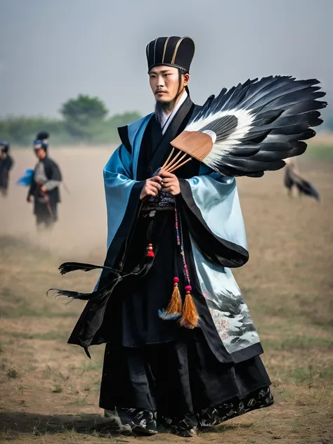 masterpiece, man with a feather fan、 black hanfu, fabric hat,  full shot, on the battlefield