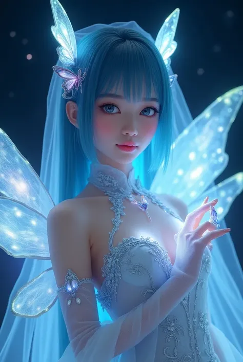 สาวเอเชียอายุ 18 ปี,  A person dressed in a fantasy, ethereal outfit with a futuristic and celestial theme. They have striking blue hair and large eyes, with makeup giving a soft yet expressive appearance. Their attire includes a semi-transparent, silver a...