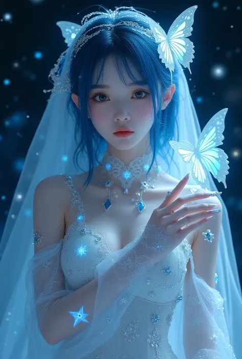 สาวเอเชียอายุ 18 ปี,  A person dressed in a fantasy, ethereal outfit with a futuristic and celestial theme. They have striking blue hair and large eyes, with makeup giving a soft yet expressive appearance. Their attire includes a semi-transparent, silver a...