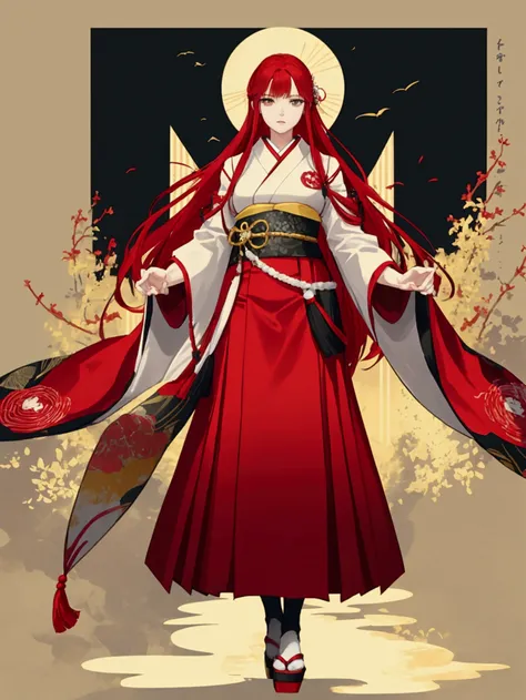 The red-haired woman stands straight with her arms facing the front, wearing a Japanese dress.