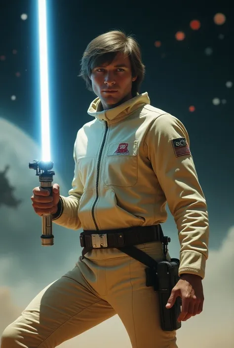 1. **Luke Skywalker - 1950s style heroic pose:**
 "Luke Skywalker standing with a lightsaber in his hand, wearing a retro 1950s style space suit, cinematic wide shot, grainy film effect, Super Panavision 70