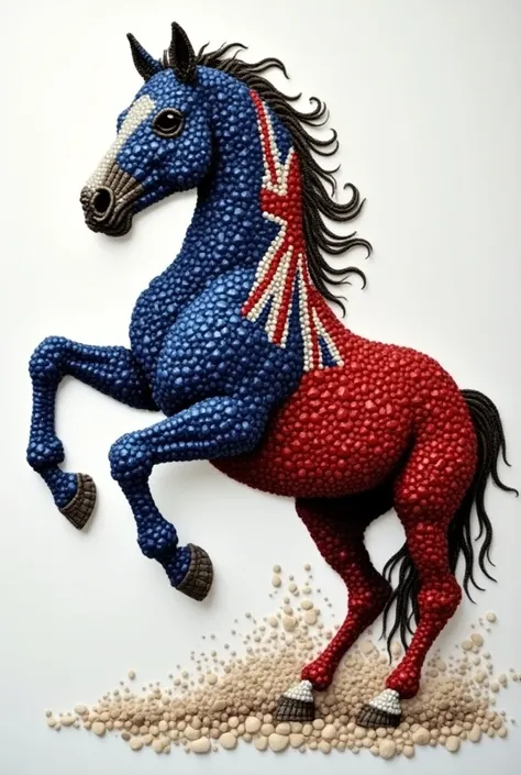 Create a image of   climbing position horse of Australia flag color, made up from small diamond stones. 