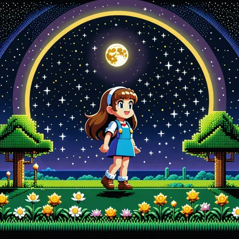 ((masterpiece)), ((best quality)), 8k, high detailed, ultra-detailed, 2D pixel art of a dreamy retro 8-bit game world, side-scrolling view, a small chibi girl with two-head height walking on the ground in the center, showing ground cross-section, a large g...