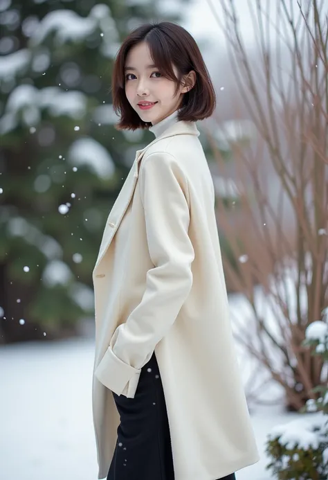 the best cover for a fashion book, a girl with short  hair in the winter garden.  Wearing a white coat and well-suited sweater and long tight skirt and black half boots. She is turning back and smiling clearly. Her hair is flowing in the window. Snowflake ...