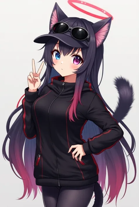  Anime girl with black hair and red hair tips , with sunglasses on her head ,cat ears , wearing a black jacket with cap and red lines ,Cat ears, posing with one hand the symbol of peace and the other hand on his waist, one blue eye and the other purple ,wi...