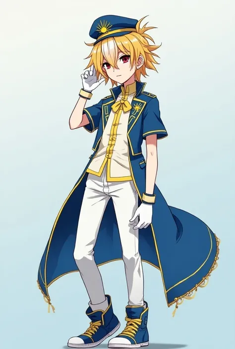 A young anime senior in a quiet high school with sharp red eyes represents a mixture of yellow and white hair linking it to the top with a blue ribbon, , fair skin and wearing all the fantasy blue, yellow and white clothes. The luxury idol consists of a lo...