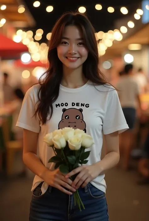 A beautiful Asian woman wearing a white t-shirt with a cute and playful chubby pygmy hippo cub with the words “Moo Deng” printed in black under the photo, dark blue denim shorts, a night photo of her standing outdoors, a night market, with string lights, b...