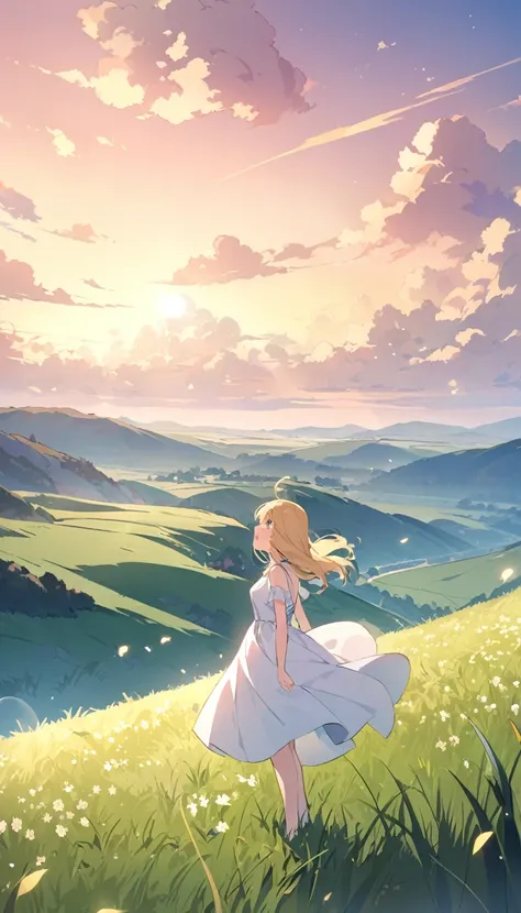 Morning Glow、grassland, 牧grassland, A girl standing in the distance,Girl looking up at the sky、 white dress、Blonde、  White Clouds , 牧grassland、、Venus、On the Hill、 fantastic、Nostalgia