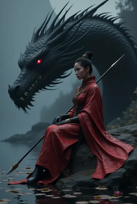  Chinese woman in red armor made of scales with a cloak of skin on top, holding a spear, Sitting on a rock near a lake at night next to a huge red-eyed black imugi