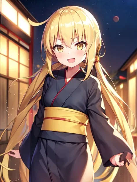 1girl, satsuki, kantaicollection, serafuku, blonde_hair, long_hair, yellow_eyes, (japanese dress), (kimono), (yukata), night, ou...