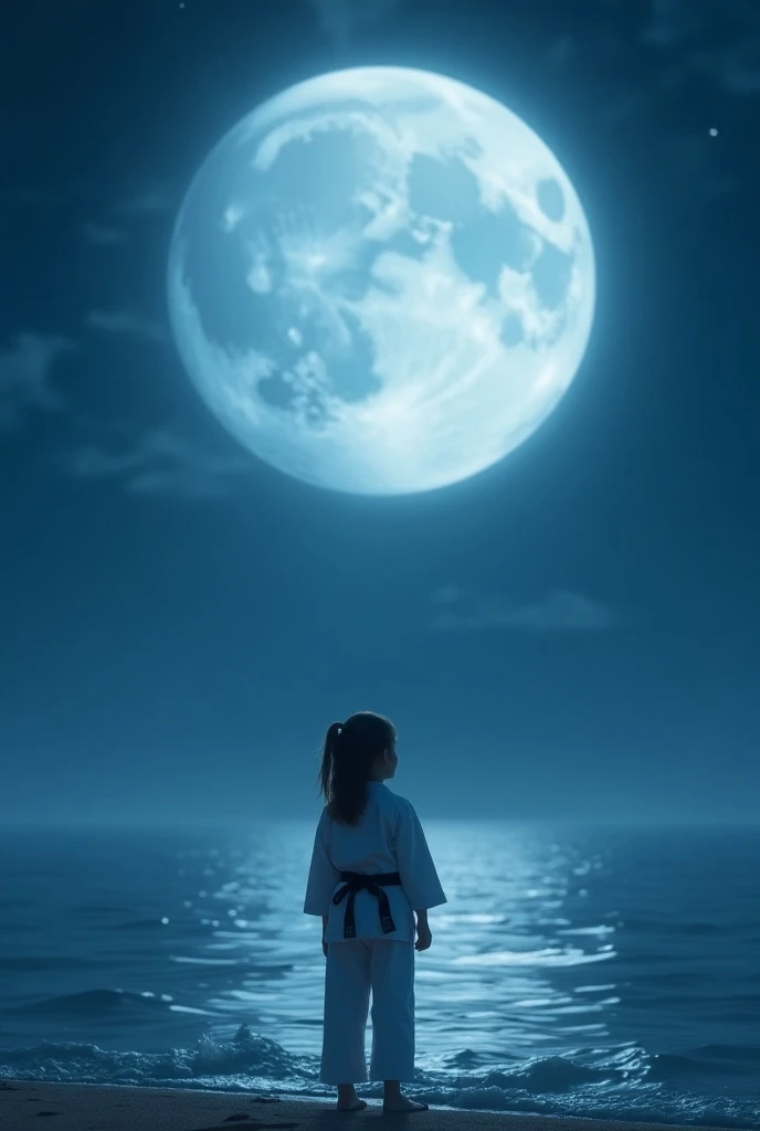 Supermoon、The black belt in a white karate uniform９Year old girl、sea、cute、Big Moon、night