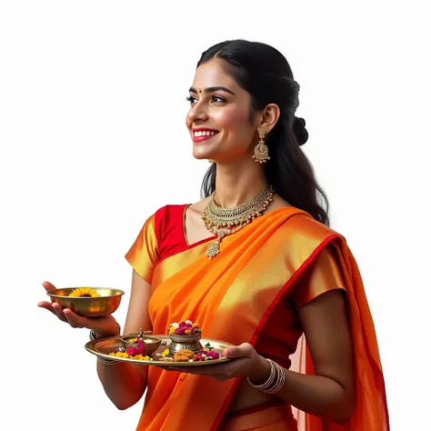 Image Script:

An Indian woman looks stunning in a beautifully draped saree, exuding elegance and grace. She holds a worship thali (plate) in one hand, adorned with traditional items like a diya (lamp), flowers, and sweets, symbolizing her devotion. In her...