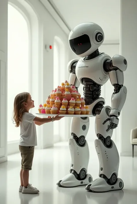 The robot grabs a plate with 100000 cupcakes and shows it to the girl 