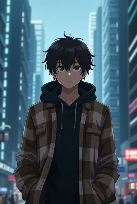 Generate anime image 27 year old Man with curly and dark brown medium hair, small brown eyes and small mouth with thick lips, the boy is dressed in a black Hoodie and a plaid shirt, the squares of the shirt are Camel, White , Brown and Beige,  The squares ...