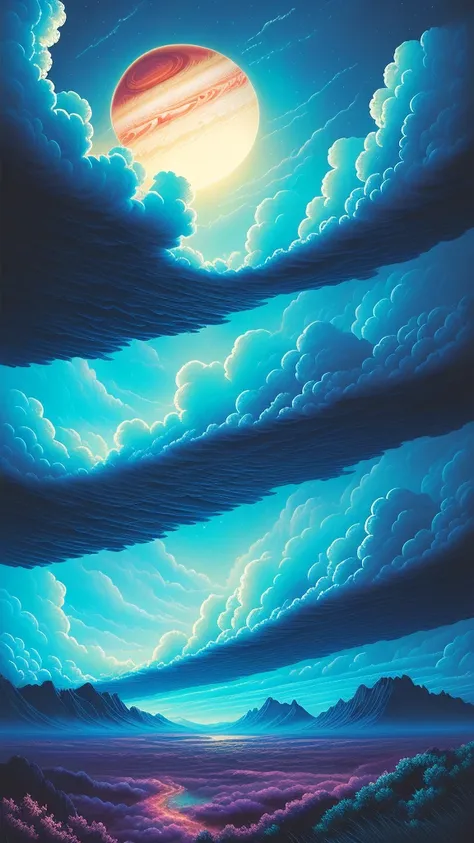 illustration of jupiter clouds by dan mumford, alien landscape and vegetation, epic scene, a lot of swirling clouds, high exposure, highly detailed, realistic, vibrant blue tinted colors, uhd