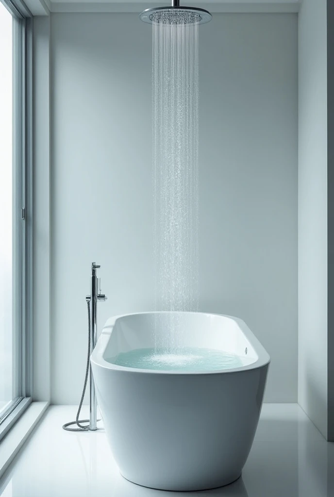 A shower head at the bottom of the bathtub feeds through a pipe levitating above a bathtub thanks to the flow of water 