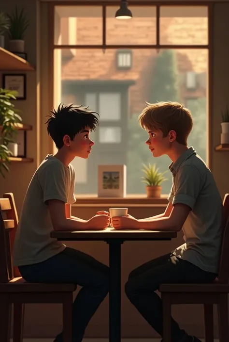 in a cafe , tow teen age boy talking each other