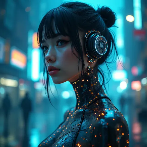 a beautiful luminous futuristic woman, intricate circuitry, neon-like colors, cyberpunk style, advanced technology, digital art, (best quality,4k,8k,highres,masterpiece:1.2),ultra-detailed,(realistic,photorealistic,photo-realistic:1.37),hyper detailed face...