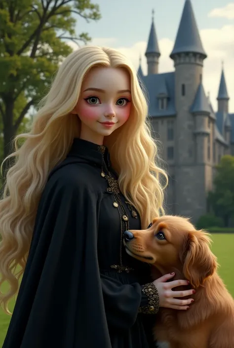 Luna Lovegood
In front of the school building
With a smile
Pet the dog
Clothes are black robes