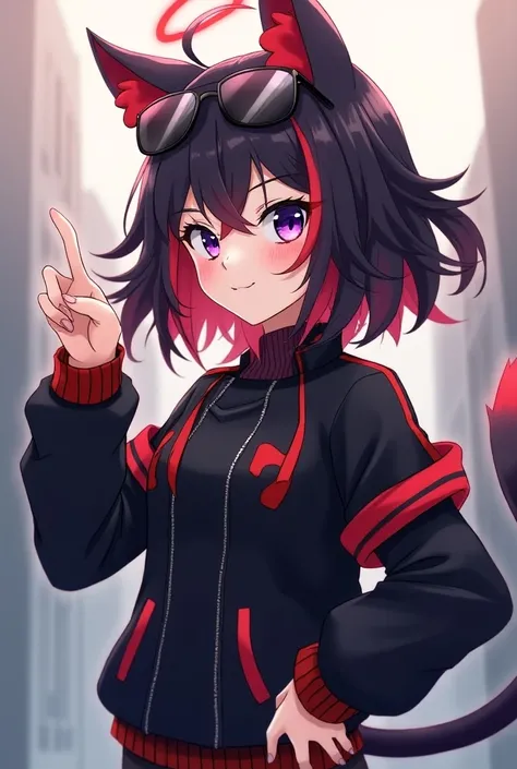  Anime girl with black hair and red hair tips , with sunglasses on her head ,Cat ears,with a black cap jacket and red lines,Cat ears, posing with one hand the symbol of peace and the other hand on his waist, one blue eye and the other purple ,with an angel...